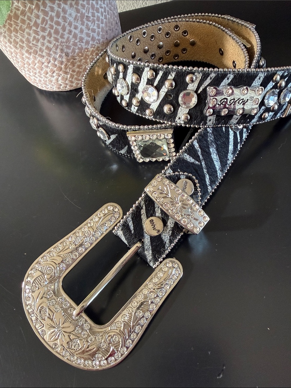 Women's Black Zebra-Print Western Belt with Crystal Studs